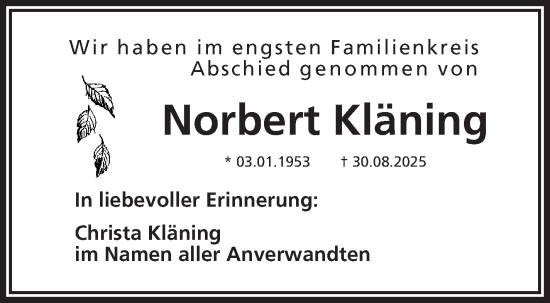 Anzeige von Norbert Kläning von Nordbayerischer Kurier