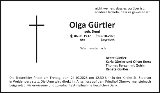 Anzeige von Olga Gürtler von Nordbayerischer Kurier