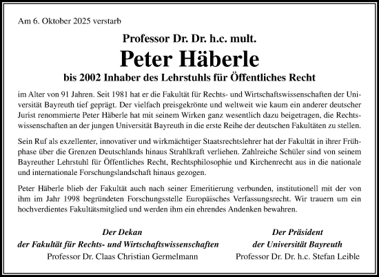 Anzeige von Peter Häberle von Nordbayerischer Kurier