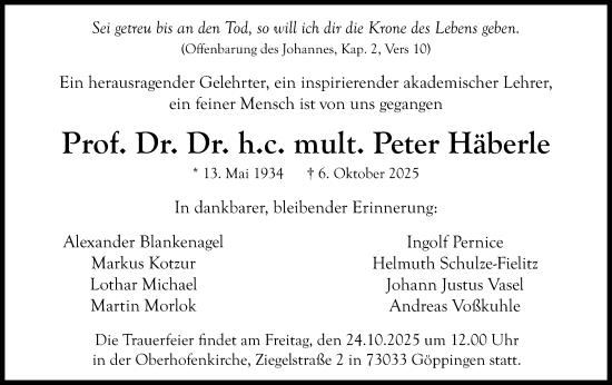 Anzeige von Peter Häberle von Nordbayerischer Kurier
