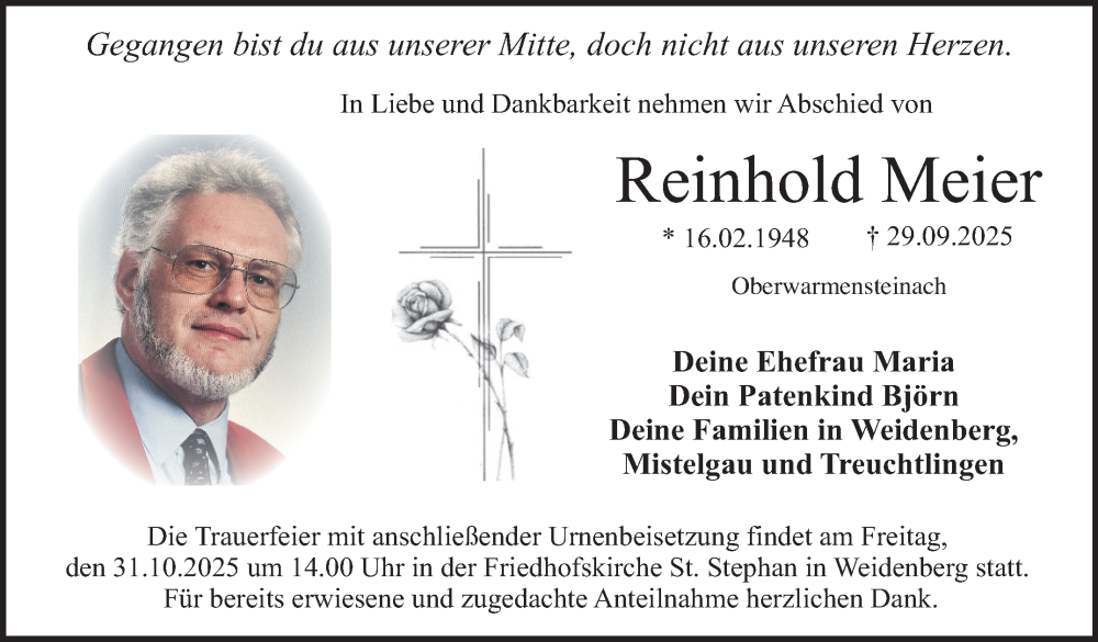  Traueranzeige für Reinhold Meier vom 25.10.2025 aus Nordbayerischer Kurier