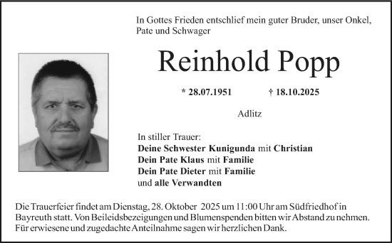 Anzeige von Reinhold Popp von Nordbayerischer Kurier