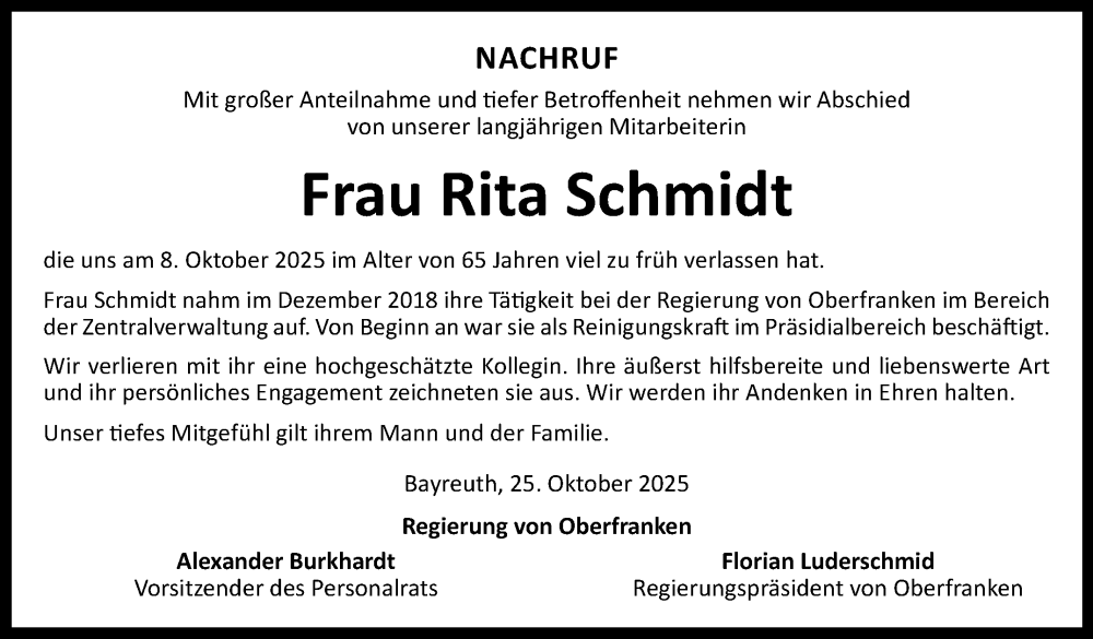 Traueranzeige für Rita Schmidt vom 25.10.2025 aus Nordbayerischer Kurier