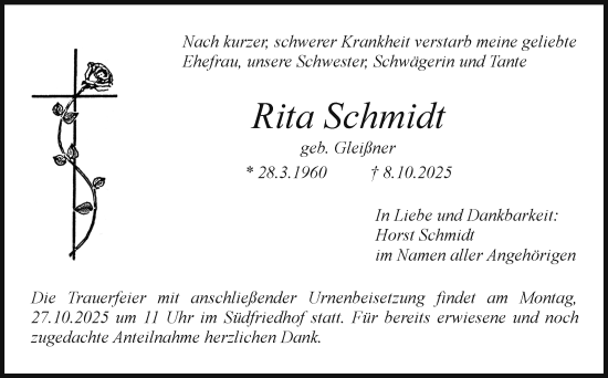 Anzeige von Rita Schmidt von Nordbayerischer Kurier