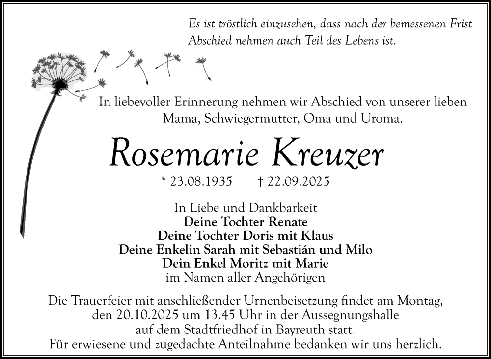  Traueranzeige für Rosemarie Kreuzer vom 11.10.2025 aus Nordbayerischer Kurier