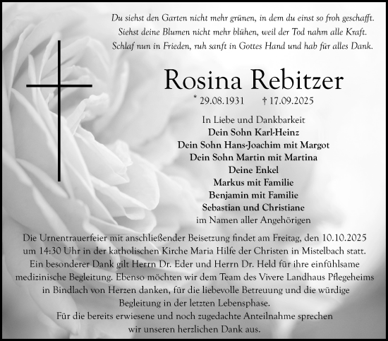 Anzeige von Rosina Rebitzer von Nordbayerischer Kurier