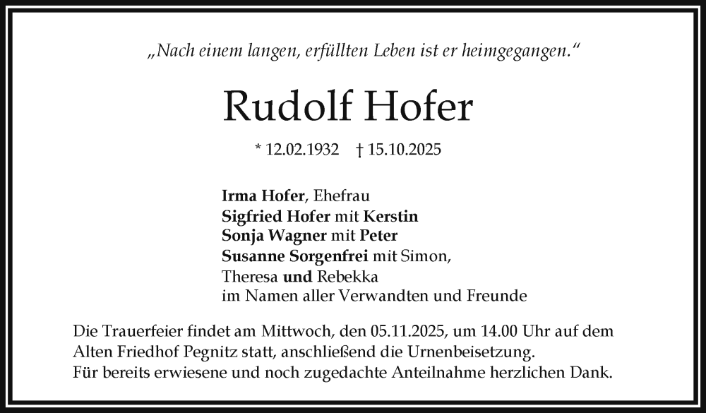  Traueranzeige für Rudolf Hofer vom 31.10.2025 aus Nordbayerischer Kurier