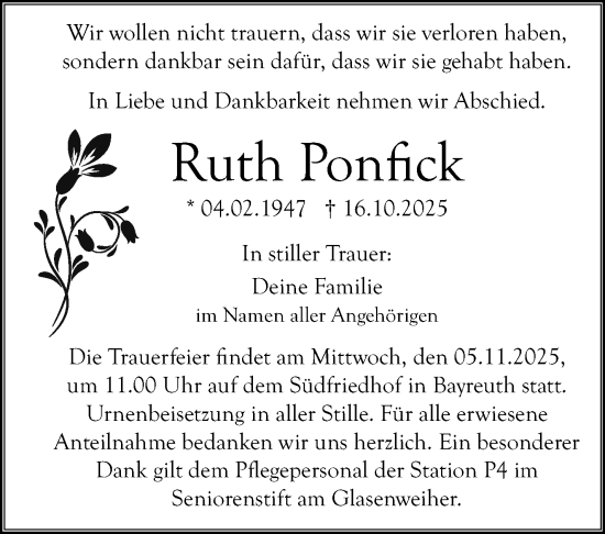 Anzeige von Ruth Ponfick von Nordbayerischer Kurier