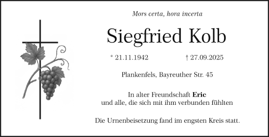 Anzeige von Siegfried Kolb von Nordbayerischer Kurier