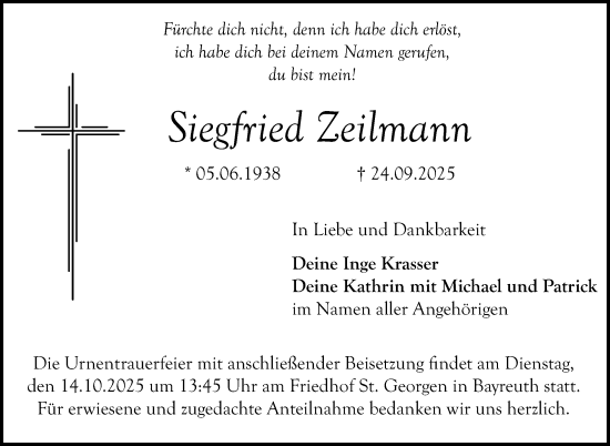 Anzeige von Siegfried Zeilmann von Nordbayerischer Kurier
