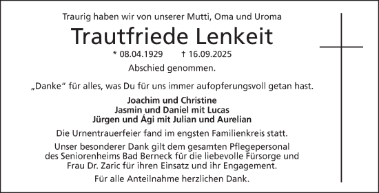 Anzeige von Trautfriede Lenkeit von Nordbayerischer Kurier