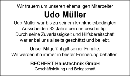 Anzeige von Udo Müller von Nordbayerischer Kurier