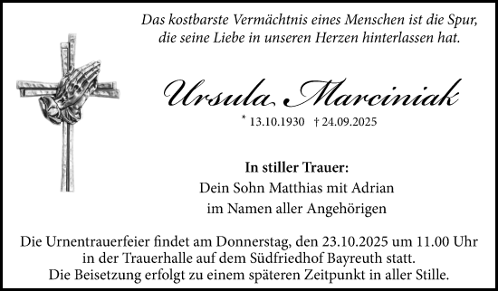 Anzeige von Urusla Marciniak von Nordbayerischer Kurier