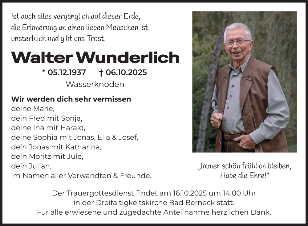  Traueranzeige für Walter Wunderlich vom 11.10.2025 aus Nordbayerischer Kurier