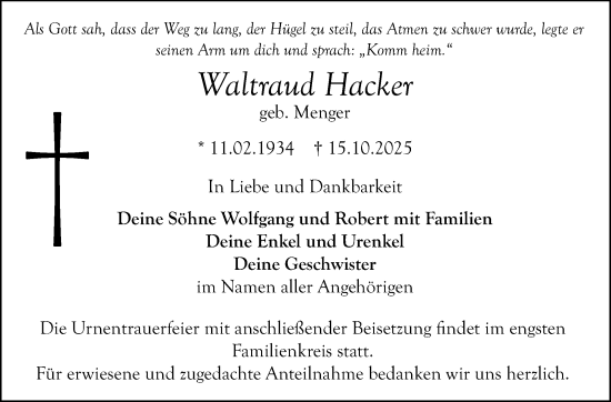 Anzeige von Waltraud Hacker von Nordbayerischer Kurier