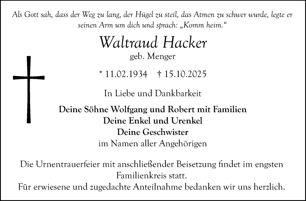  Traueranzeige für Waltraud Hacker vom 25.10.2025 aus Nordbayerischer Kurier