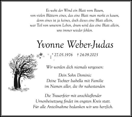Anzeige von Yvonne Weber-Judas von Nordbayerischer Kurier