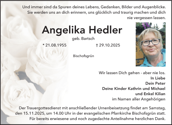 Anzeige von Angelika Hedler von Nordbayerischer Kurier