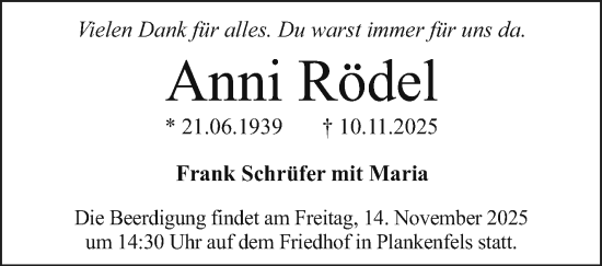 Anzeige von Anni Rödel von Nordbayerischer Kurier