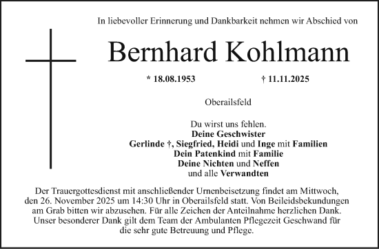 Anzeige von Bernhard Kohlmann von Nordbayerischer Kurier