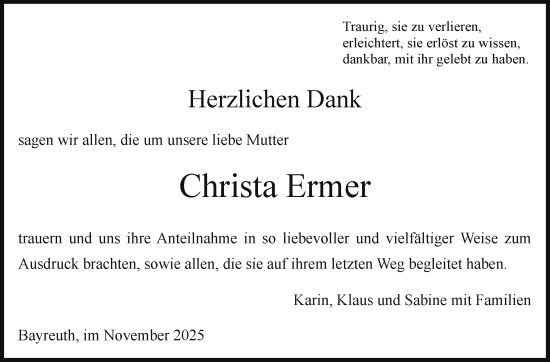 Anzeige von Christa Ermer von Nordbayerischer Kurier