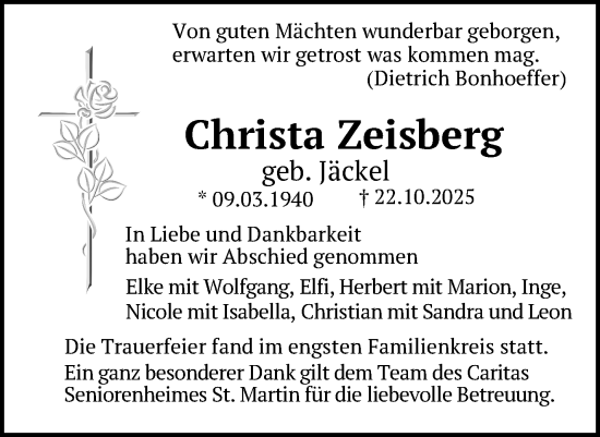 Anzeige von Christa Zeisberg von Nordbayerischer Kurier