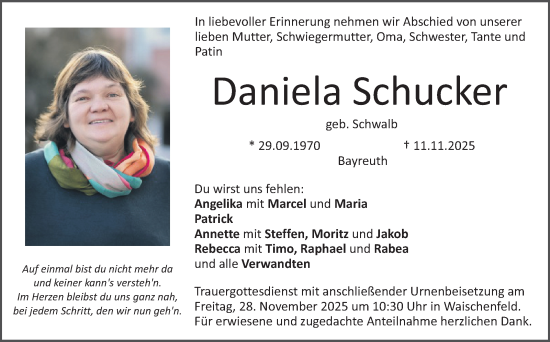 Anzeige von Daniela Schucker von Nordbayerischer Kurier