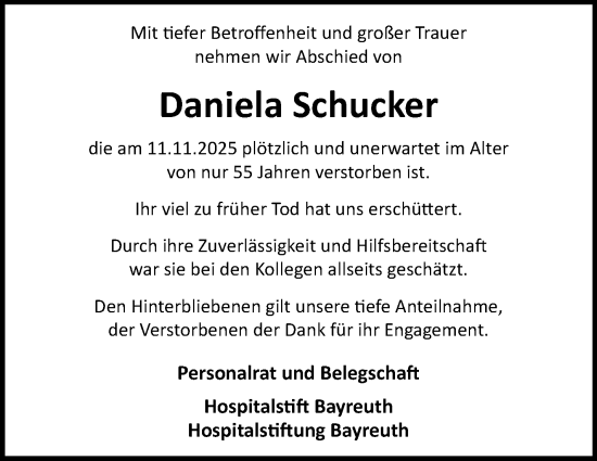 Anzeige von Daniela Schucker von Nordbayerischer Kurier