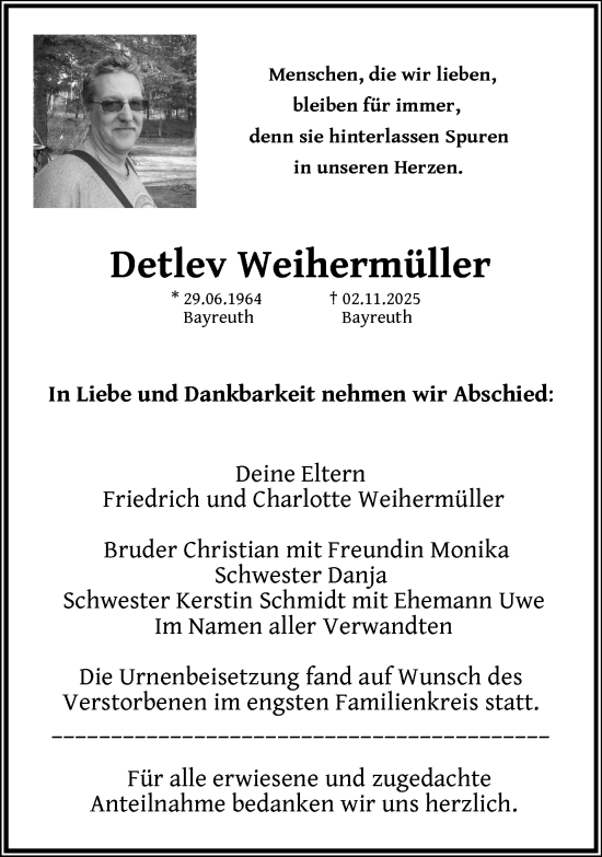 Anzeige von Detlev Weihermüller von Nordbayerischer Kurier