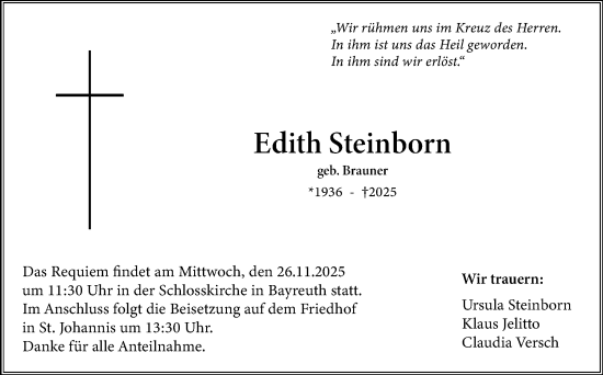 Anzeige von Edith Steinborn von Nordbayerischer Kurier