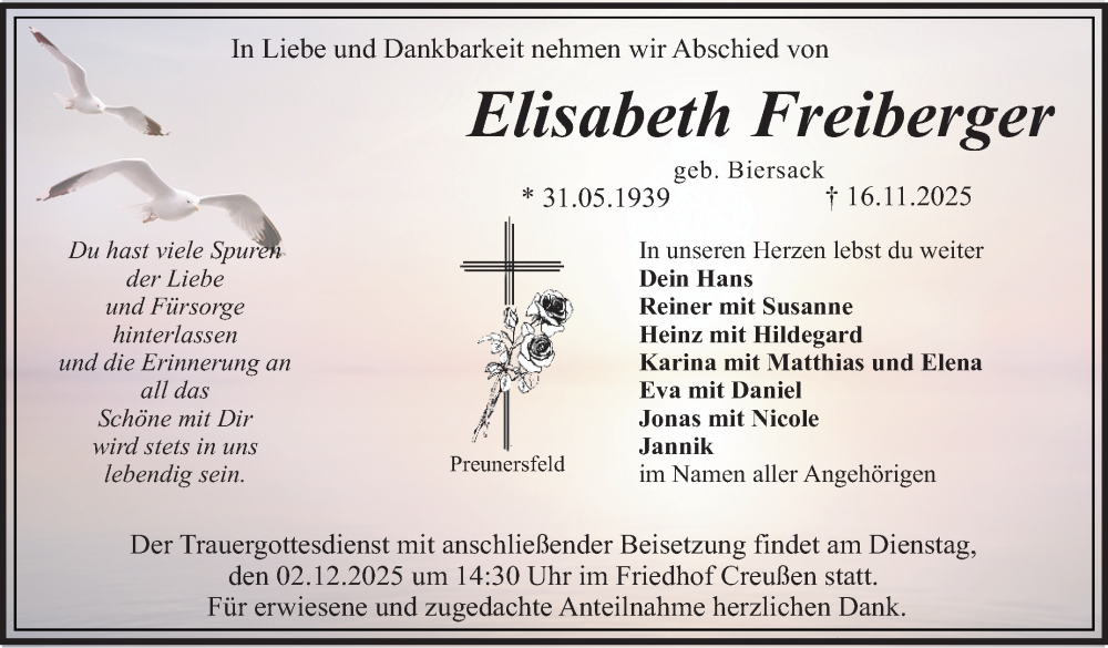  Traueranzeige für Elisabeth Freiberger vom 29.11.2025 aus Nordbayerischer Kurier