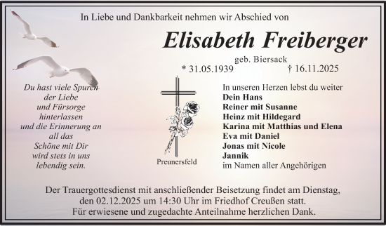 Anzeige von Elisabeth Freiberger von Nordbayerischer Kurier