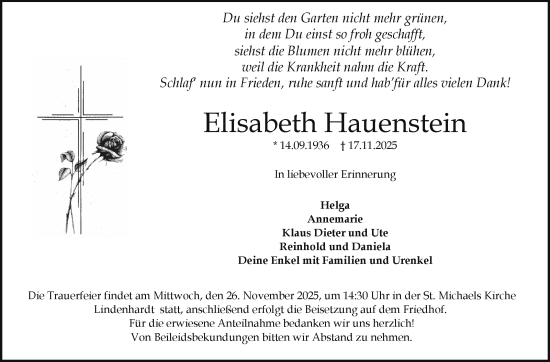 Anzeige von Elisabeth Hauenstein von Nordbayerischer Kurier