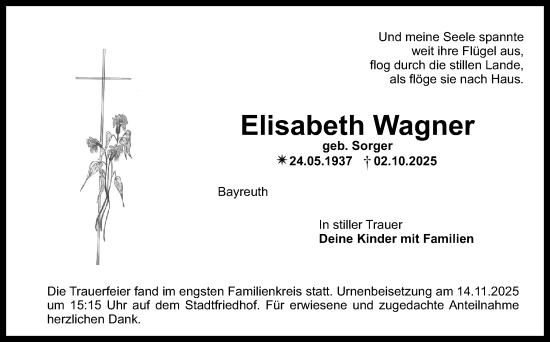 Anzeige von Elisabeth Wagner von Nordbayerischer Kurier