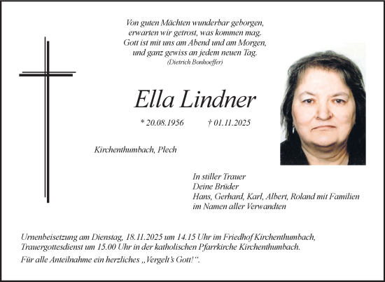 Anzeige von Ella Lindner von Nordbayerischer Kurier