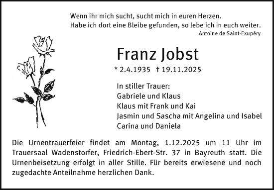 Anzeige von Franz Jobst von Nordbayerischer Kurier