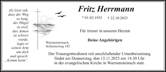 Anzeige von Fritz Herrmann von Nordbayerischer Kurier