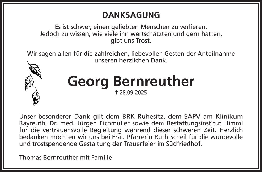  Traueranzeige für Georg Bernreuther vom 15.11.2025 aus Nordbayerischer Kurier