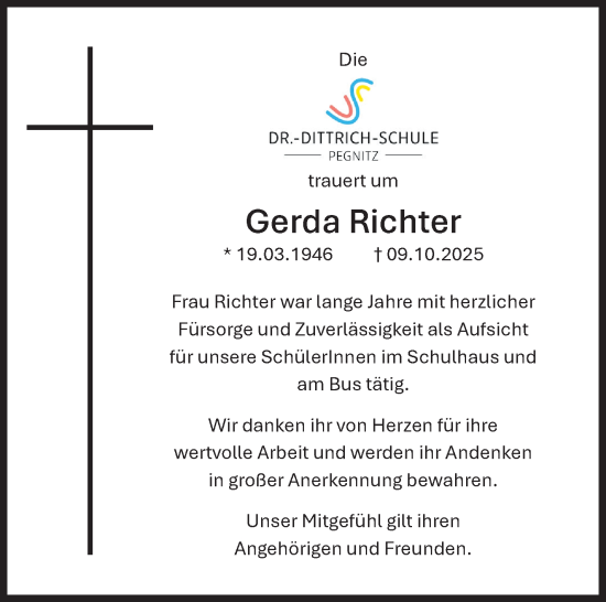 Anzeige von Gerda Richter von Nordbayerischer Kurier