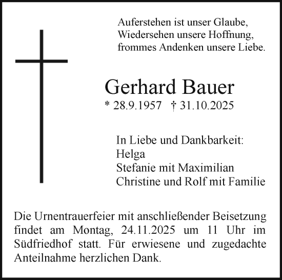 Anzeige von Gerhard Bauer von Nordbayerischer Kurier