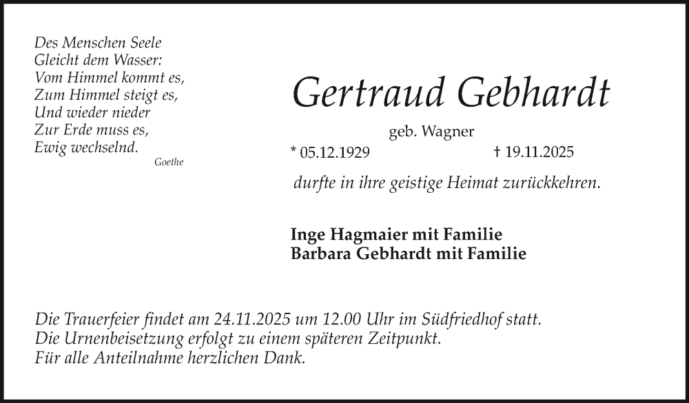  Traueranzeige für Gertraud Gebhardt vom 22.11.2025 aus Nordbayerischer Kurier