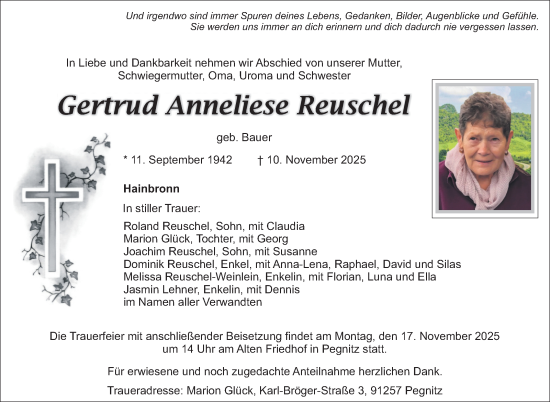 Anzeige von Gertrud Anneliese Reuschel von Nordbayerischer Kurier