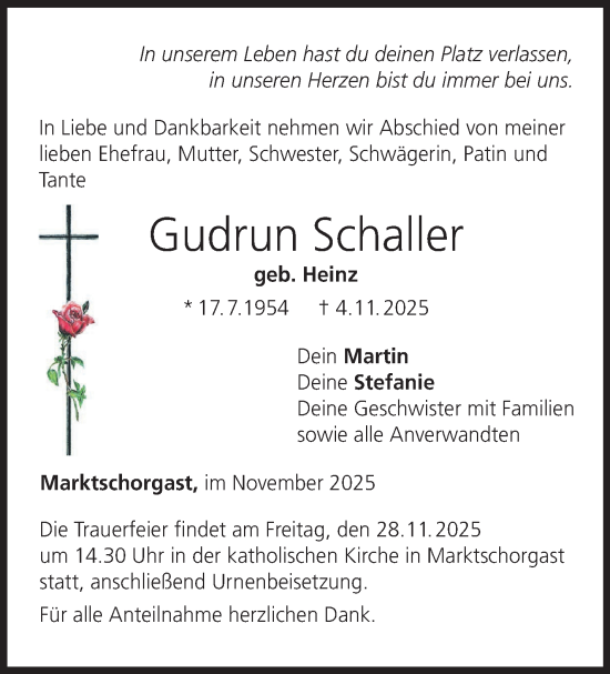Anzeige von Gudrun Schaller von Nordbayerischer Kurier