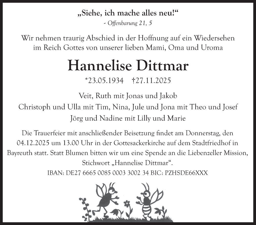  Traueranzeige für Hannelise Dittmar vom 29.11.2025 aus Nordbayerischer Kurier