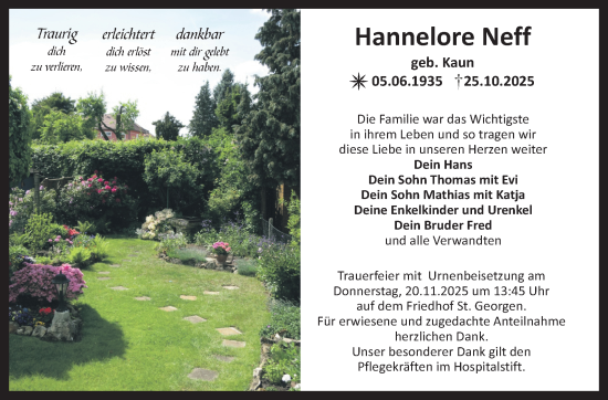 Anzeige von Hannelore Neff von Nordbayerischer Kurier