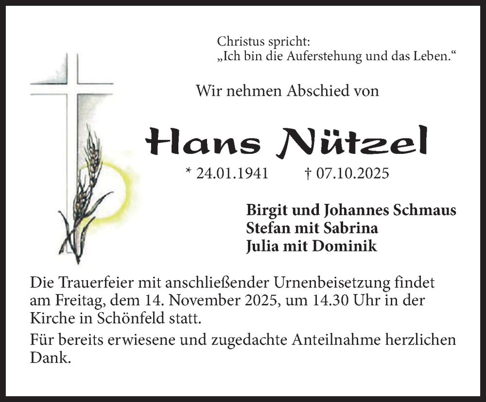  Traueranzeige für Hans Nützel vom 08.11.2025 aus Nordbayerischer Kurier