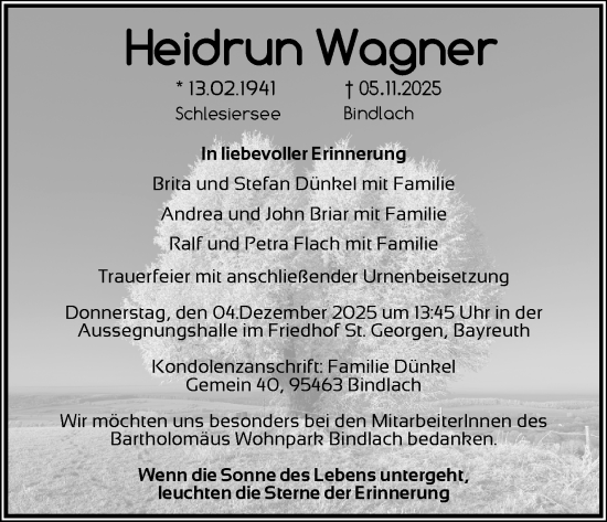 Anzeige von Heidrun Wagner von Nordbayerischer Kurier