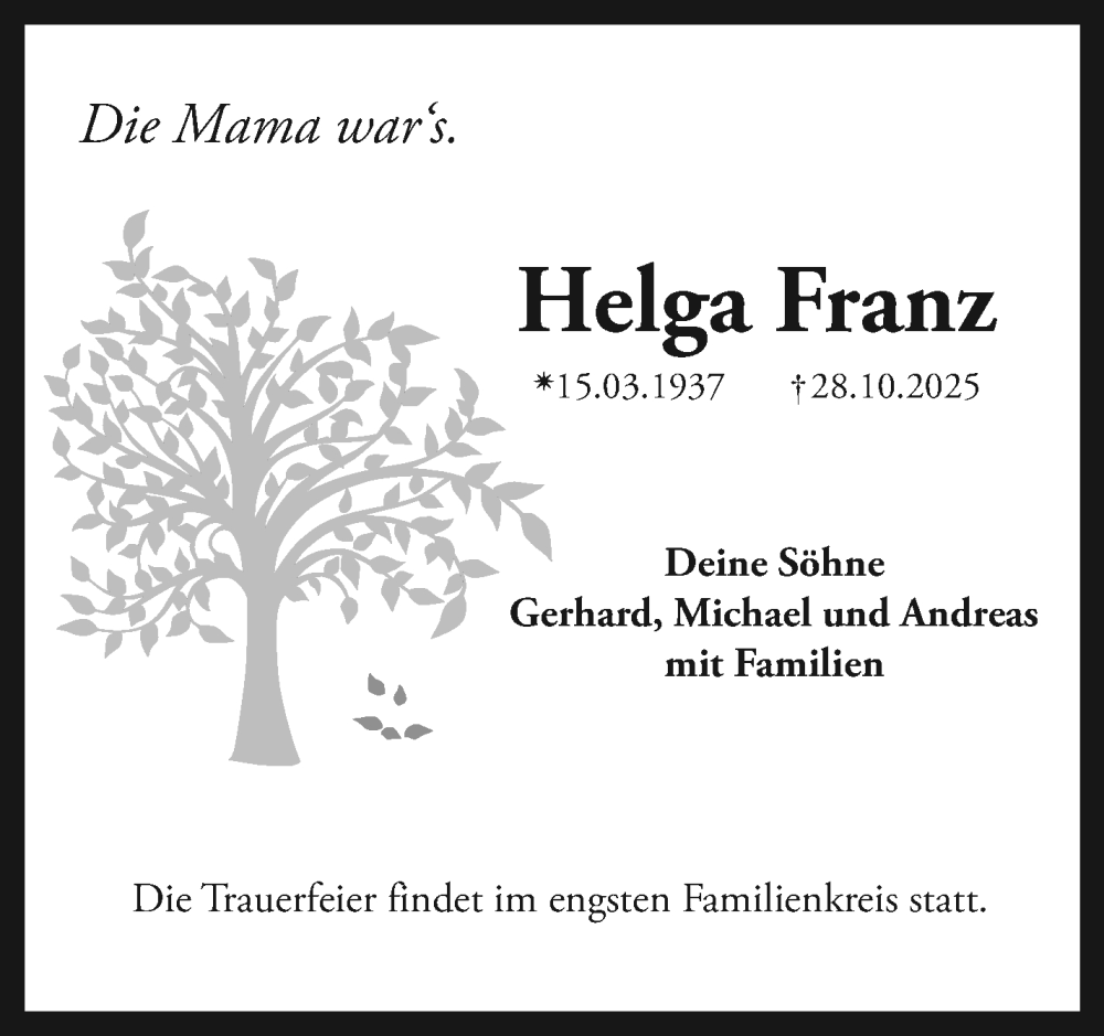  Traueranzeige für Helga Franz vom 15.11.2025 aus Nordbayerischer Kurier