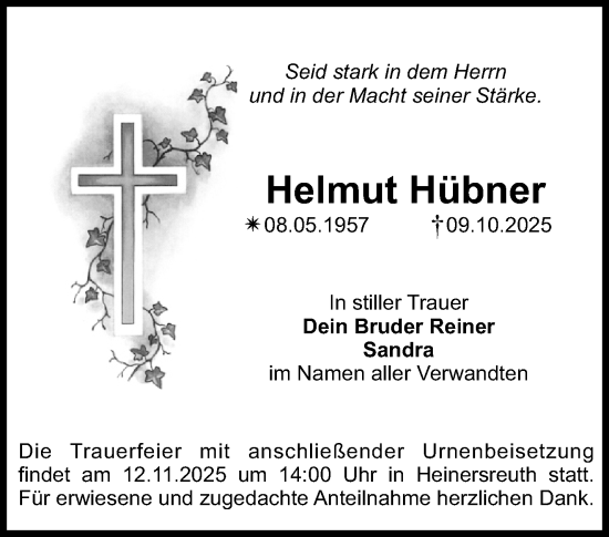 Anzeige von Helmut Hübner von Nordbayerischer Kurier