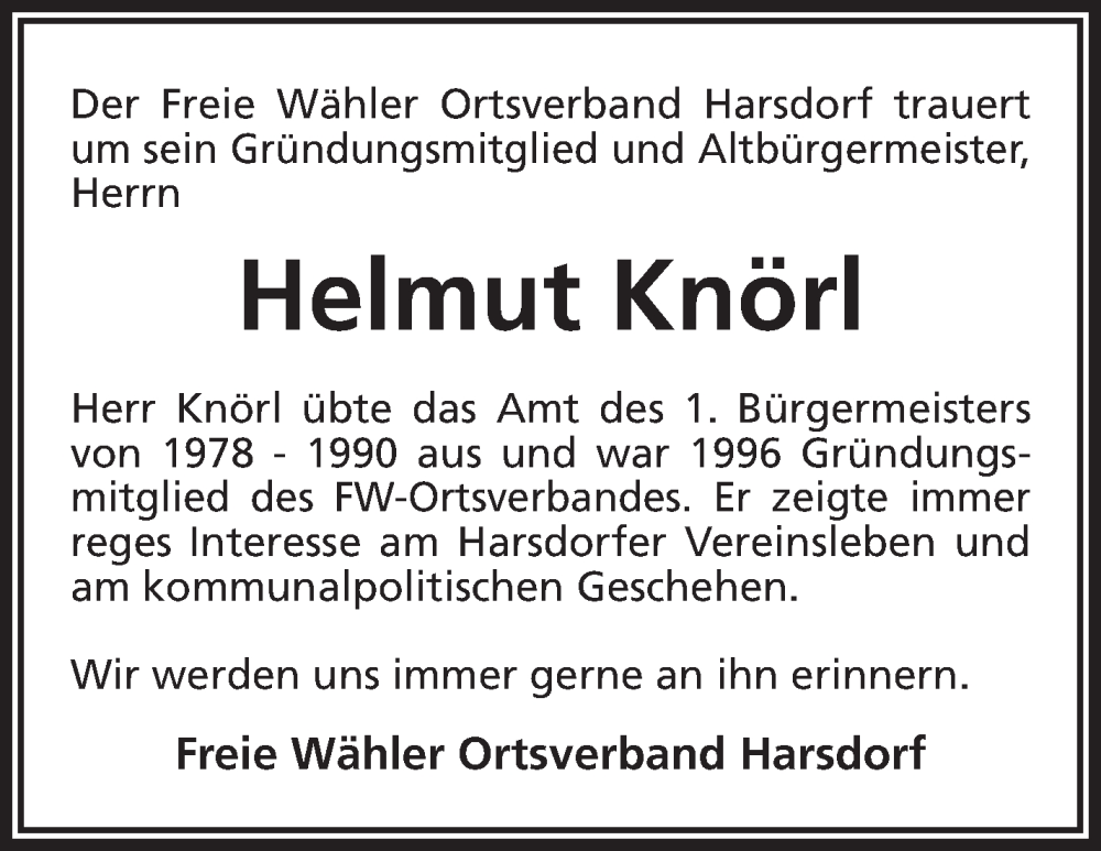  Traueranzeige für Helmut Knörl vom 15.11.2025 aus Nordbayerischer Kurier